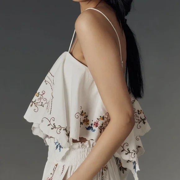 Anthropologie Hanky Crop Cutwork Tank Colorful Embroidery White SIZE XL NEW - Picture 3 of 10